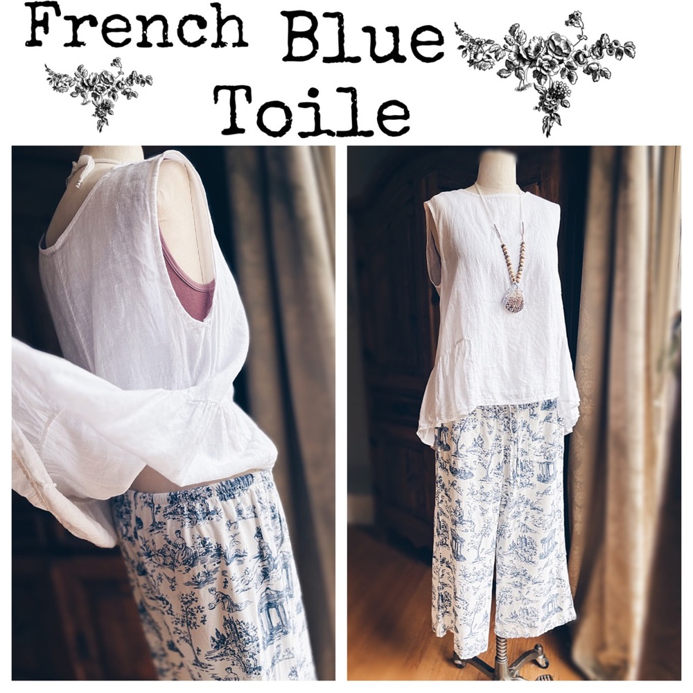 Artisan Hand-Crafted Toile Wide-Leg Capri Pants | Size XL